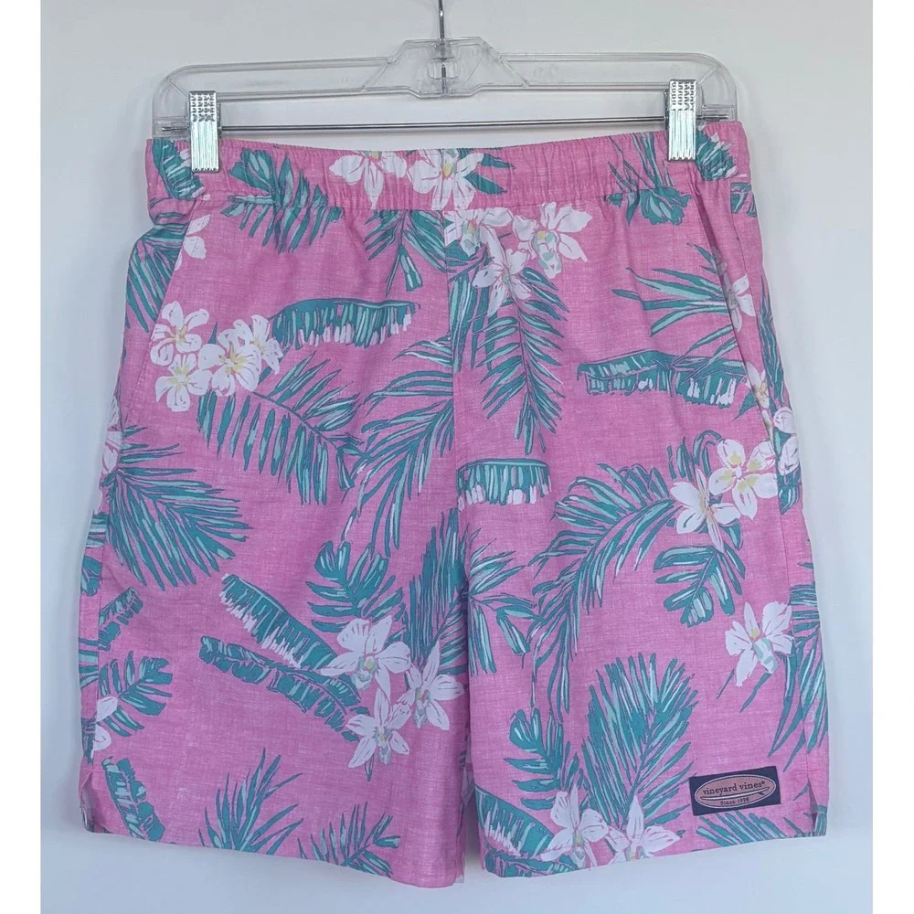 Vineyard Vines Mens Large Pink‎ Tropical Floral Palm Leaf Swim Trunks L 6.5